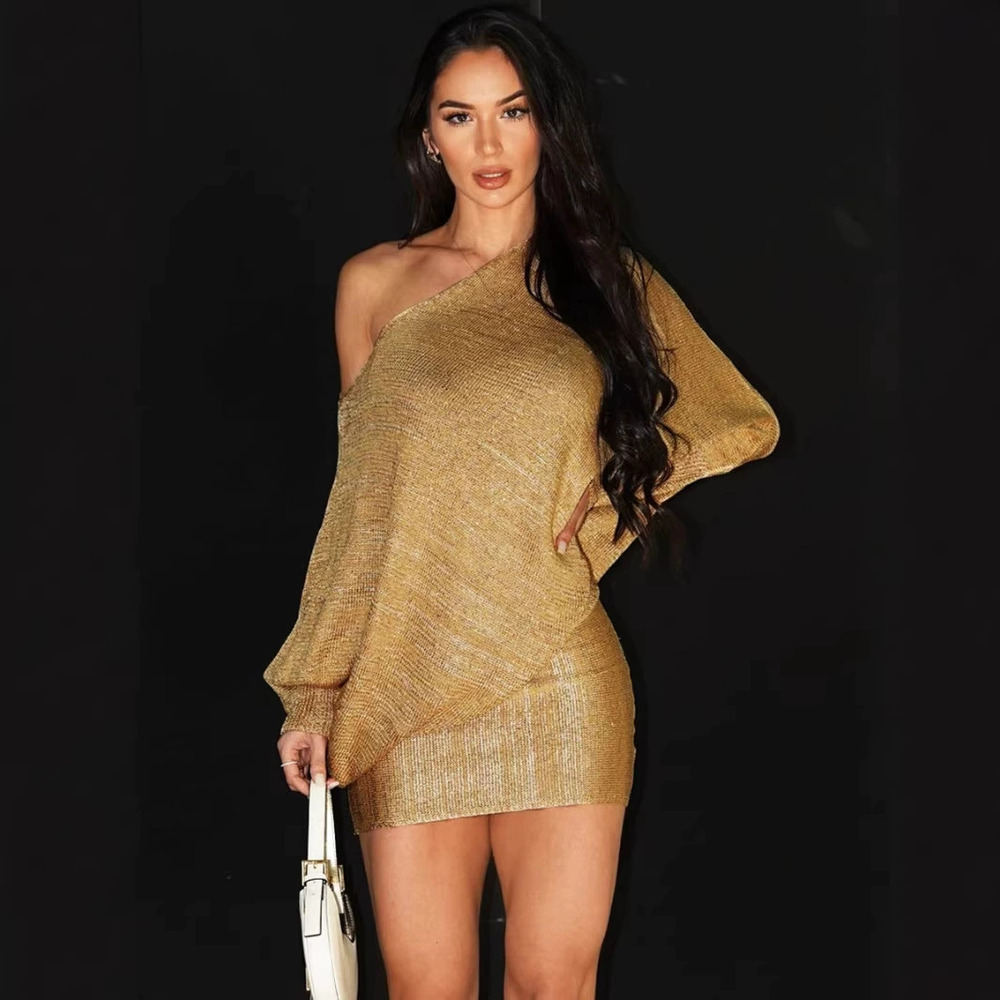 Zara Spring Asymmetric Neck Off Shoulder Gold Foil Bodycon Dress